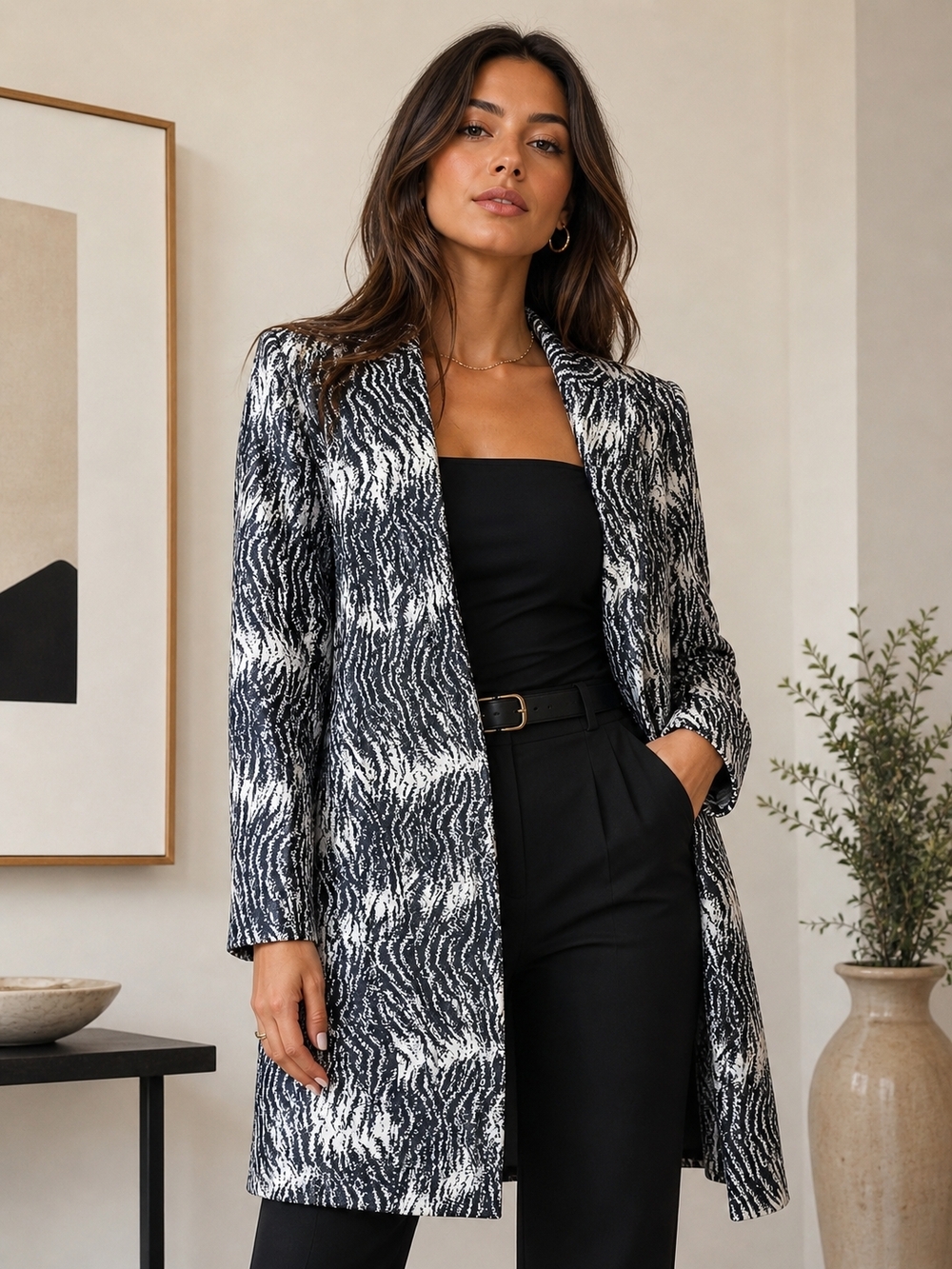 Le Suit Size 12 Longline Black and White Tiger Print Textured Long Blazer Coat